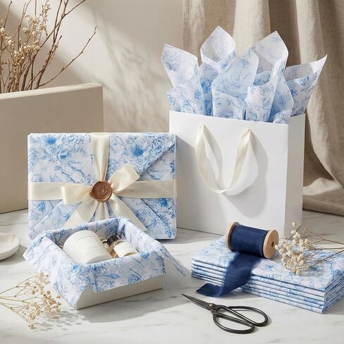 120 Sheets Blue Floral Tissue Paper for Gift Bags - 14x20 Inch Bulk Gift Tissue, Vintage Blue and White Wrapping Paper, Decorative Printed Sheets for Holidays, Birthdays, Crafts in Kuwait