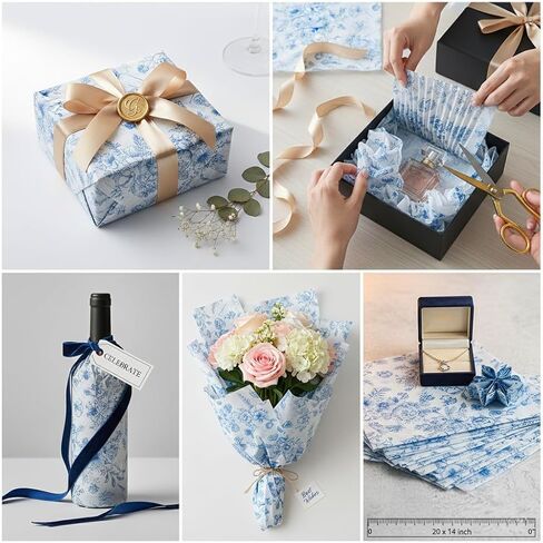 120 Sheets Blue Floral Tissue Paper for Gift Bags - 14x20 Inch Bulk Gift Tissue, Vintage Blue and White Wrapping Paper, Decorative Printed Sheets for Holidays, Birthdays, Crafts in Kuwait