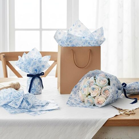 120 Sheets Blue Floral Tissue Paper for Gift Bags - 14x20 Inch Bulk Gift Tissue, Vintage Blue and White Wrapping Paper, Decorative Printed Sheets for Holidays, Birthdays, Crafts in Kuwait