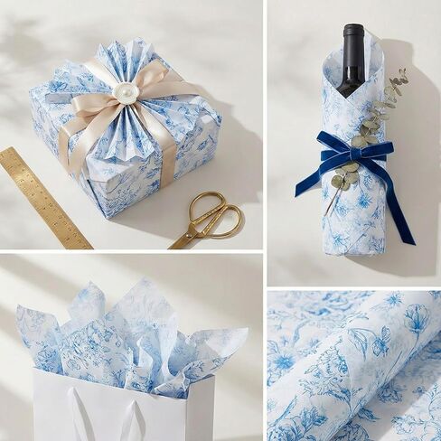 120 Sheets Blue Floral Tissue Paper for Gift Bags - 14x20 Inch Bulk Gift Tissue, Vintage Blue and White Wrapping Paper, Decorative Printed Sheets for Holidays, Birthdays, Crafts in Kuwait