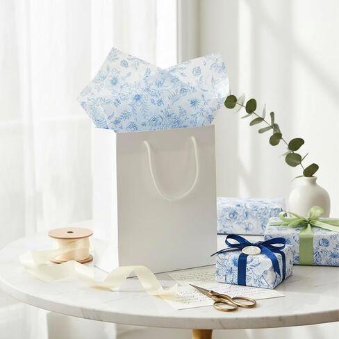 120 Sheets Blue Floral Tissue Paper for Gift Bags - 14x20 Inch Bulk Gift Tissue, Vintage Blue and White Wrapping Paper, Decorative Printed Sheets for Holidays, Birthdays, Crafts in Kuwait