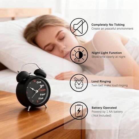 INNOLIFE 3 بوصات هادئة غير موقوتة كوارتز صامت تناظري عتيق بجانب السرير منبه مزدوج الجرس مع منبه عالٍ وإضاءة ليلية (علم المملكة المتحدة) in Saudi Arabia