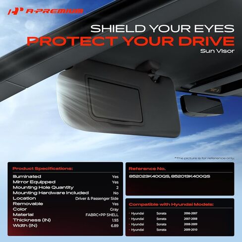 A-Premium Driver & Passenger Sun Visor Compatible with Hyundai Sonata 2006 2007 2008 2009 2010 - with Vanity Light, with Vanity Mirror, with Sliding Sun Visor Extension, Gray - Replaces 852023K400QS in Saudi Arabia
