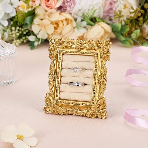 FINGERINSPIRE Vintage Ring Holder 4x3.2x0.9inch Rectangle Jewelry Rings Display Frame 5 Slots Gold Resin Frame Stand with Antique White Cloth Lining for Ring Jewelry Organizer Photography Supply in Saudi Arabia