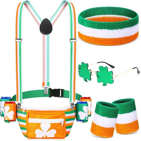 Chunful 5 Pcs St. Patrick's Day Accessory Set Shamrock Fanny Pack Clover Waist Bag with 4 Drink Holder Festive Adjustable Suspender Sweatband Set Headband Wristband for St. Patrick's Day Party Outfit in Saudi Arabia