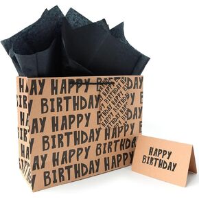 JAYTEM Birthday Gift Bag, Kraft Paper Largr Gift Bag, Classic Black Lettering Design Happy Birthday Bag Set with Greeting Card, Tag, Envelope & Tissue Paper for Men, Boys, Kid in Saudi Arabia