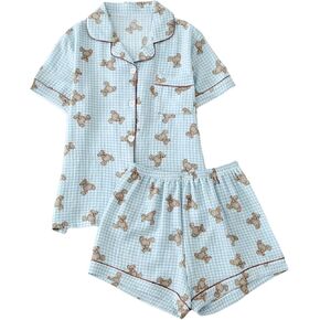 Verdusa Women's 2 Piece Printed Lounge PJ Sets Sleepwear Button Up Shirt with Shorts in Kuwait