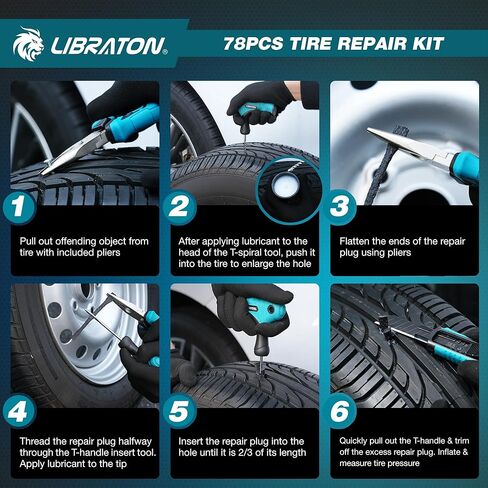Libraton Tire Repair Kit, 78PCS Tire Plug Kit Heavy Duty Professional Repair Tools to Fix Punctures and Plug Patch Flats, Tubeless Tire Patch Kit for Car, Motorcycle, ATV, SUV, Truck, Tractor, Trailer in Saudi Arabia
