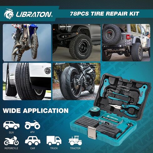 Libraton Tire Repair Kit, 78PCS Tire Plug Kit Heavy Duty Professional Repair Tools to Fix Punctures and Plug Patch Flats, Tubeless Tire Patch Kit for Car, Motorcycle, ATV, SUV, Truck, Tractor, Trailer in Saudi Arabia