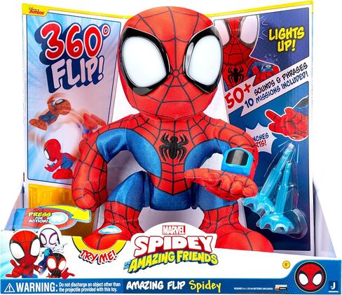 Marvel Spidey and His Amazing Friends Amazing Flip Spidey - قطيفة متحركة مقاس 12 بوصة مع أضواء وأصوات وقاذفة سهام على شبكة الإنترنت in Saudi Arabia