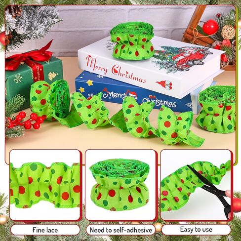 Whaline 6 Rolls Christmas Ruffled Bulletin Board Borders Fabric Bulletin Border Red Green Polka Dot Trim Border Roll for Xmas School Classroom DIY Crafts Supplies in Saudi Arabia