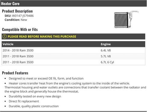 Heater Core - Compatible with 2011-2018 Ram 3500 in Saudi Arabia