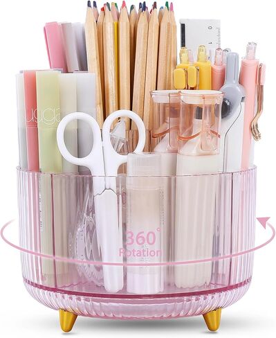 SKYDUE Rotating Pencil Pen Holder, Pen Organizer with 5 Slots - Aesthetic Desk Organizer and Accessories for School, Home, Office Supplies, Clear Tawny in Saudi Arabia
