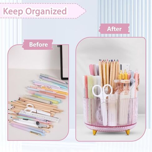 SKYDUE Rotating Pencil Pen Holder, Pen Organizer with 5 Slots - Aesthetic Desk Organizer and Accessories for School, Home, Office Supplies, Clear Tawny in Saudi Arabia