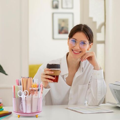 SKYDUE Rotating Pencil Pen Holder, Pen Organizer with 5 Slots - Aesthetic Desk Organizer and Accessories for School, Home, Office Supplies, Clear Tawny in Saudi Arabia
