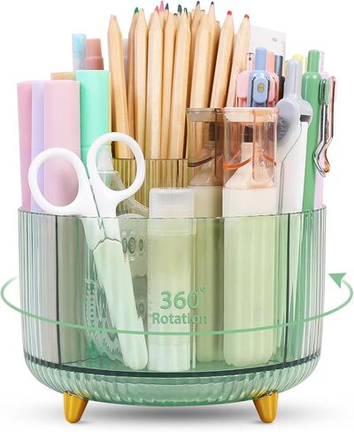 SKYDUE Rotating Pencil Pen Holder, Pen Organizer with 5 Slots - Aesthetic Desk Organizer and Accessories for School, Home, Office Supplies, Clear Tawny in Saudi Arabia