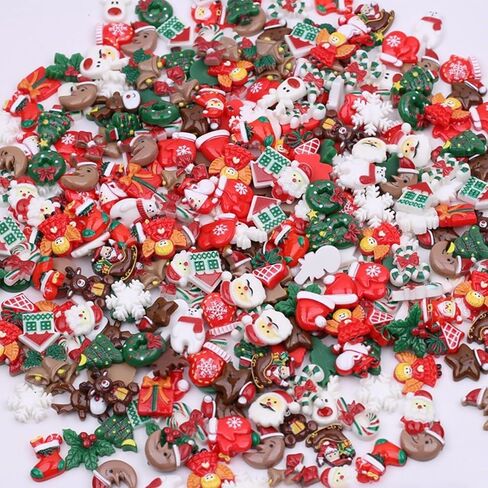 50pcs Mini Christmas Figurines Slime Charms Flatback Assorted Craft Ornaments Santa Snowman Tree Bell Resin Decoration for DIY Craft Making in Saudi Arabia