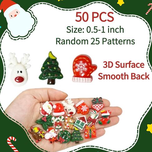 50pcs Mini Christmas Figurines Slime Charms Flatback Assorted Craft Ornaments Santa Snowman Tree Bell Resin Decoration for DIY Craft Making in Saudi Arabia