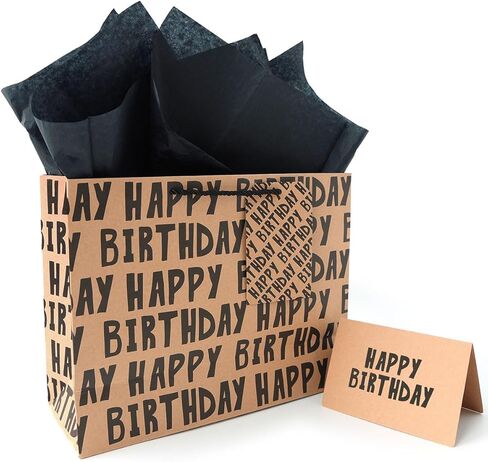 JAYTEM Birthday Gift Bag, Kraft Paper Largr Gift Bag, Classic Black Lettering Design Happy Birthday Bag Set with Greeting Card, Tag, Envelope & Tissue Paper for Men, Boys, Kid in Saudi Arabia
