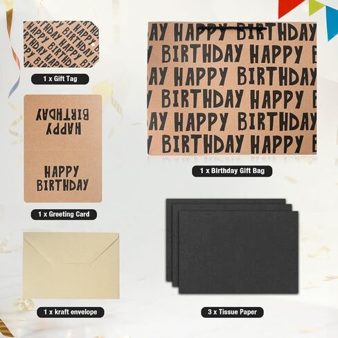 JAYTEM Birthday Gift Bag, Kraft Paper Largr Gift Bag, Classic Black Lettering Design Happy Birthday Bag Set with Greeting Card, Tag, Envelope & Tissue Paper for Men, Boys, Kid in Saudi Arabia