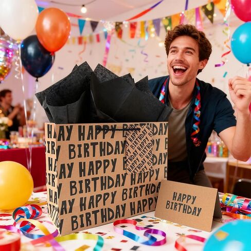 JAYTEM Birthday Gift Bag, Kraft Paper Largr Gift Bag, Classic Black Lettering Design Happy Birthday Bag Set with Greeting Card, Tag, Envelope & Tissue Paper for Men, Boys, Kid in Saudi Arabia
