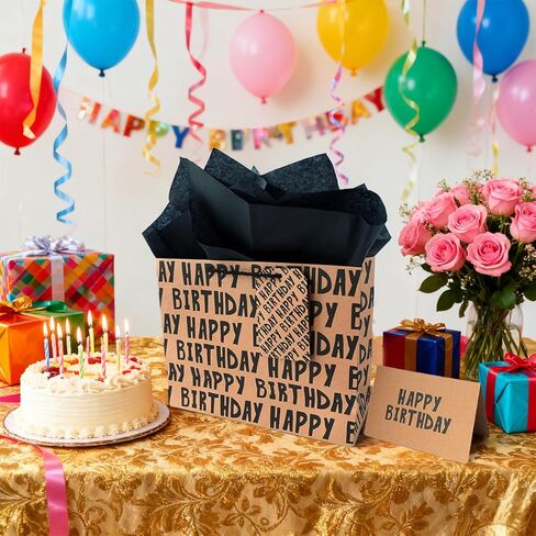 JAYTEM Birthday Gift Bag, Kraft Paper Largr Gift Bag, Classic Black Lettering Design Happy Birthday Bag Set with Greeting Card, Tag, Envelope & Tissue Paper for Men, Boys, Kid in Saudi Arabia