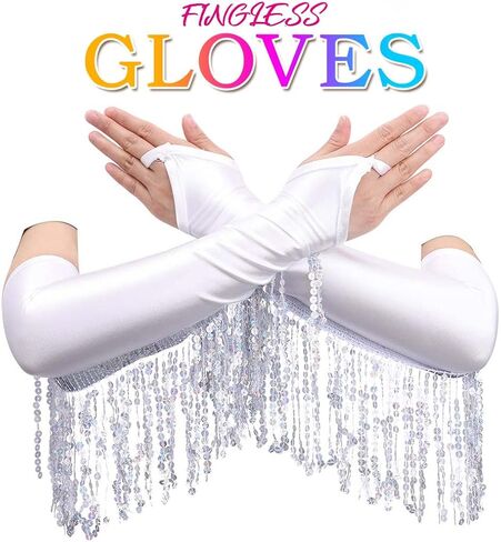 CASDRE Long Fingerless Satin Gloves Sequin Tassel Bridal Gloves Elbow Length 1920s Opera Cosplay Gloves for Women and Girls in Saudi Arabia