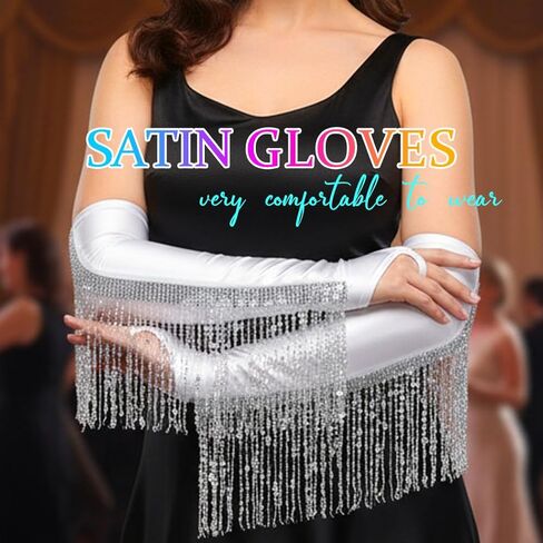 CASDRE Long Fingerless Satin Gloves Sequin Tassel Bridal Gloves Elbow Length 1920s Opera Cosplay Gloves for Women and Girls in Saudi Arabia