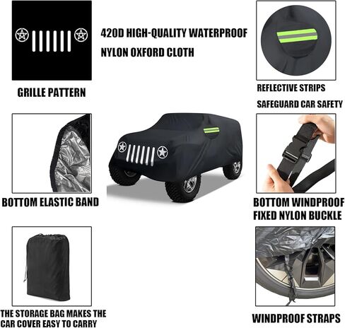 Waterproof Car Cover for Jeep Wrangler 4 Door 2006-2025 JK JL TJ YJ CJ Waterproof Sun Rain Snow Protection with Driver Door Zipper (Black Fit for Jeep Wrangler 4 Door, Custom Fit for Jeep Wrangler) in Saudi Arabia