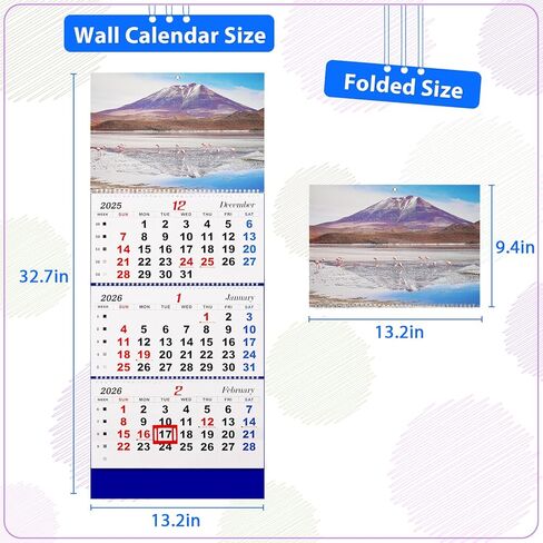 تقويم حائط 2026، تقويم حائط كبير، عرض 3 أشهر، تقويم عمودي مع ورق سميك 33 بوصة × 13 بوصة من ديسمبر 2025 إلى يناير 2027 لمخطط يومي مثالي (أزرق-1) in Kuwait