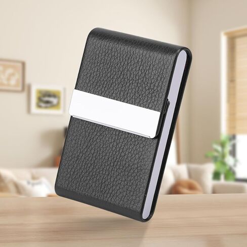 Business Card Holder, Slim PU Leather & Stainless Steel Card Case Pocket for Men or Women, RFID Blocking Card Carrier with Magnetic Clasp（Black） in Saudi Arabia