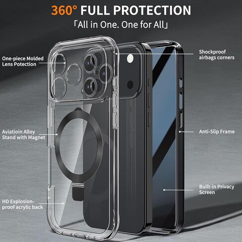 [Built-in Anti Peep Screen Protector & Invisible Magnetic Kickstand] Privacy Case for iPhone 16 Pro Max 6.9'' [Integrated Lens Protection] [Compatible with MagSafe] Full-Body Drop Proof Case -Clear in Saudi Arabia