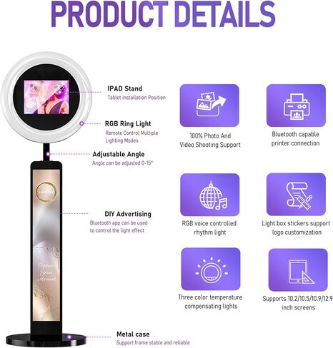 كشك صور محمول متوافق مع أي جهاز Ipad، كشك صور كبير Lightbox Ipad لعيد الميلاد وحفلات الزفاف وحفلات الزفاف وبرنامج التحكم في الضوء الدائري، وحقيبة الطيران باللون الأبيض in Kuwait