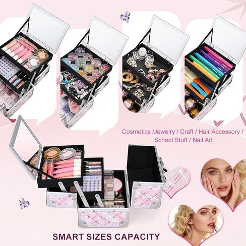 FRENESSA Makeup Train Case Portable Cosmetic Box Jewelry Organizer 2-Tier Trays Lockable with Keys and Mirror Carrying with Handle Makeup Storage Box - Rose Gold in Saudi Arabia