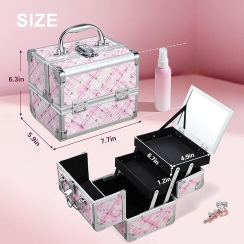 FRENESSA Makeup Train Case Portable Cosmetic Box Jewelry Organizer 2-Tier Trays Lockable with Keys and Mirror Carrying with Handle Makeup Storage Box - Rose Gold in Saudi Arabia