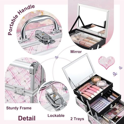 FRENESSA Makeup Train Case Portable Cosmetic Box Jewelry Organizer 2-Tier Trays Lockable with Keys and Mirror Carrying with Handle Makeup Storage Box - Rose Gold in Saudi Arabia