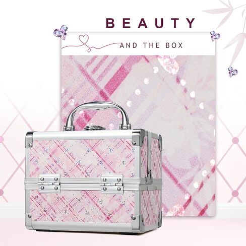 FRENESSA Makeup Train Case Portable Cosmetic Box Jewelry Organizer 2-Tier Trays Lockable with Keys and Mirror Carrying with Handle Makeup Storage Box - Rose Gold in Saudi Arabia