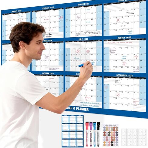 2 Pack 2026 Wall Calendar Sets, 32" x 48" Huge Laminated 2-Side Horizontal/Vertical | Wet & Dry Erase | Yearly Wall Hanging Calendars 12 Month Annual Planner Thick Paper for Office/Family/College in Kuwait