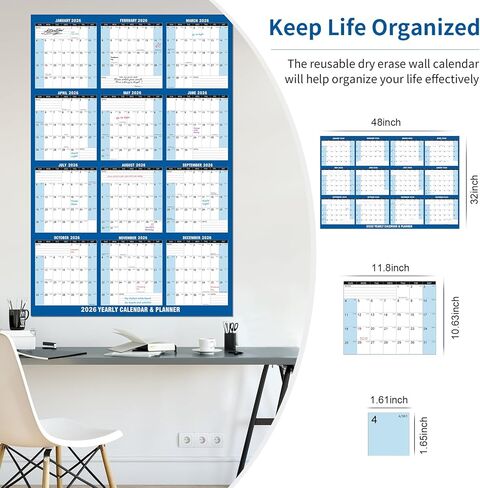 2 Pack 2026 Wall Calendar Sets, 32" x 48" Huge Laminated 2-Side Horizontal/Vertical | Wet & Dry Erase | Yearly Wall Hanging Calendars 12 Month Annual Planner Thick Paper for Office/Family/College in Kuwait