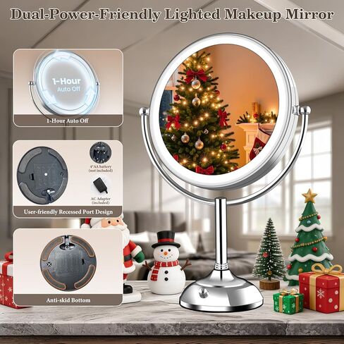 VESAUR 10" Extra Large and 17" Tall Lighted Makeup Mirror, 1X/5X Magnifying Vanity Mirror with 3 Colors Dimmable Light, 52 Premium LED Lights, 360° Rotation Table Mirror 2 Power Supply, Pearl Nickel in Kuwait