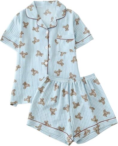 مجموعة ملابس نوم للسيدات من Verdusa مكونة من قطعتين من ملابس النوم وأزرار لأعلى مع شورت in Kuwait