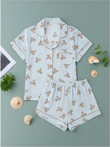 مجموعة ملابس نوم للسيدات من Verdusa مكونة من قطعتين من ملابس النوم وأزرار لأعلى مع شورت in Kuwait