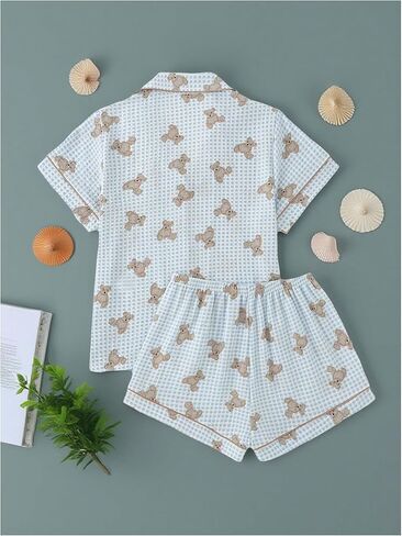 مجموعة ملابس نوم للسيدات من Verdusa مكونة من قطعتين من ملابس النوم وأزرار لأعلى مع شورت in Kuwait