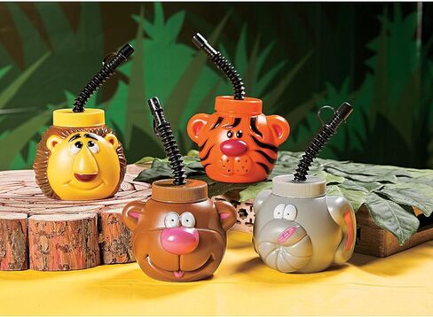 Fun Express Kids Cups with Lids and Straws 12 Pack - Safari Zoo Animal Party Supplies with Bear Lion Tiger Elephant Designs | 14 oz Plastic Cups for Birthday Parties & Baby Showers in Saudi Arabia