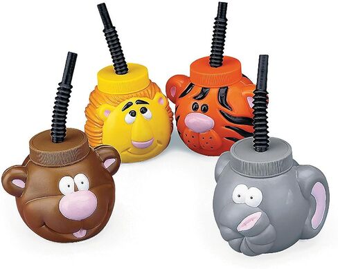 Fun Express Kids Cups with Lids and Straws 12 Pack - Safari Zoo Animal Party Supplies with Bear Lion Tiger Elephant Designs | 14 oz Plastic Cups for Birthday Parties & Baby Showers in Saudi Arabia