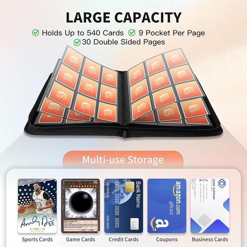 حافظة بطاقات التداول، مجموعة متميزة مكونة من 9 جيوب 540 جيب مزدوج الجوانب، ألبوم بطاقات لحامل بطاقات TCG لبطاقة الألعاب، البطاقة الرياضية، Yugioh، MTG إلخ (أسود) in Saudi Arabia