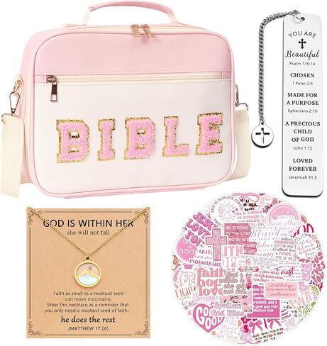 Christian Gifts for Teen Girls Women – Pink Leather Bible Cover Case, Mustard Seed Necklace, Scripture Bookmark & 55 Stickers – Baptism Gift Confirmation Gift Set for Women, Teens Girls in Saudi Arabia