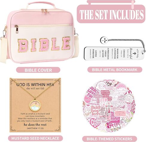 Christian Gifts for Teen Girls Women – Pink Leather Bible Cover Case, Mustard Seed Necklace, Scripture Bookmark & 55 Stickers – Baptism Gift Confirmation Gift Set for Women, Teens Girls in Saudi Arabia