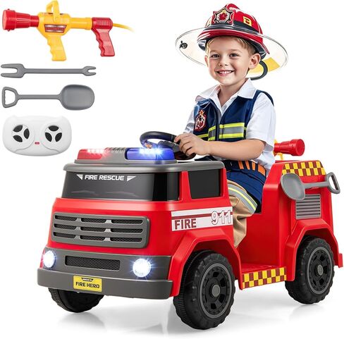 Costzon Kids Ride on Fire Truck, 12V Battery Powered Fire Car Toy w/Water Gun & Tank, Remote Control, Interphone, Shovel, Wrench, Music, Alarm Lamp & Siren-Call, Electric Vehicle Gift for 37-95 Months in Saudi Arabia