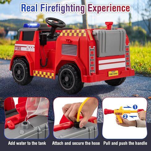Costzon Kids Ride on Fire Truck, 12V Battery Powered Fire Car Toy w/Water Gun & Tank, Remote Control, Interphone, Shovel, Wrench, Music, Alarm Lamp & Siren-Call, Electric Vehicle Gift for 37-95 Months in Saudi Arabia